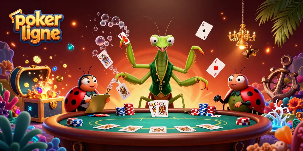Jouez à poker en ligne avec une illustration vibrante d'une mante religieuse en train de distribuer des cartes.
