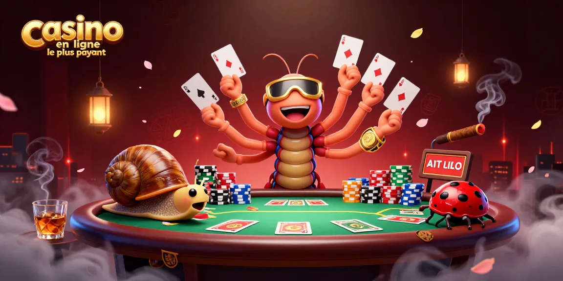 Illustration dynamique mettant en scène le casino en ligne le plus payant avec un dealer en mille-pattes et un joueur high-roller.