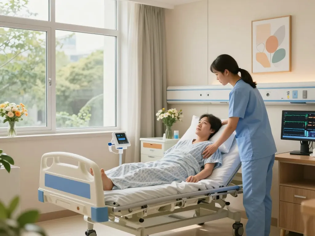 Patient-friendly giường bệnh nhân in a warm hospital room with a caregiver adjusting position, promoting comfort.