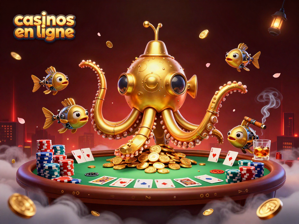 Jouez à des jeux de casinos en ligne avec le kraken doré et des poissons mécaniques parmi les pièces et les cartes.