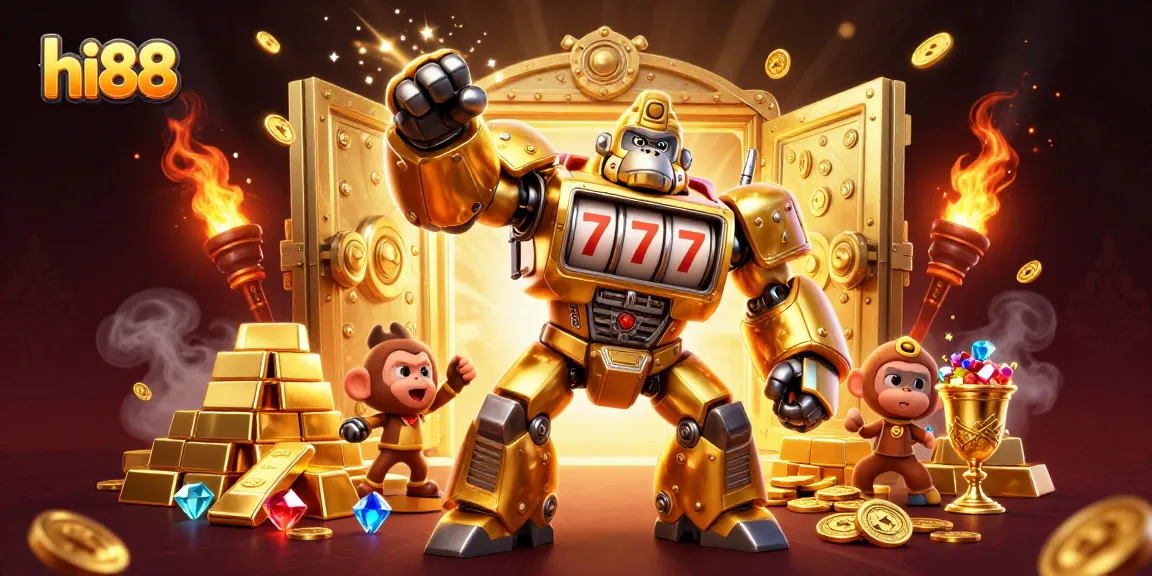 Experience excitement with hi88's golden gorilla mech amidst sparkling casino treasures