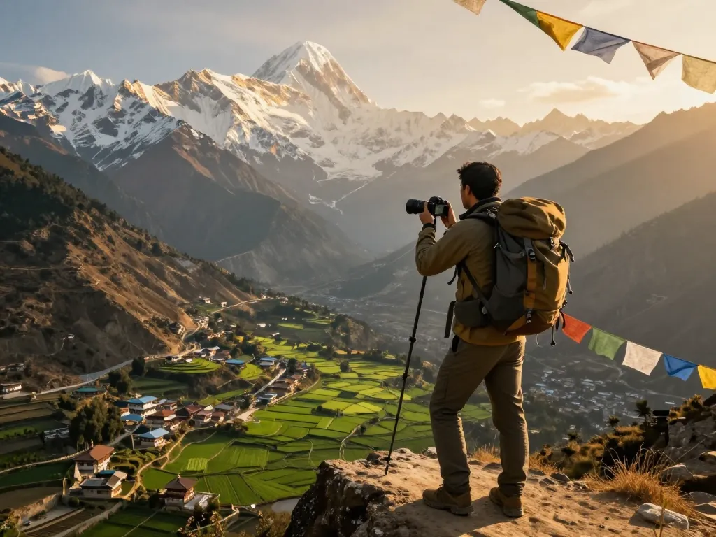 Annapurna circuit trekking: Adventurer overlooking stunning mountain landscapes during a golden hour at a scenic viewpoint.