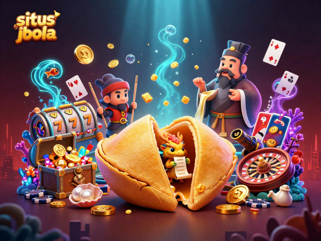 Engage in situs judi bola action with 3D cartoon characters navigating a vibrant casino scene filled with fortune cookies and gaming elements.