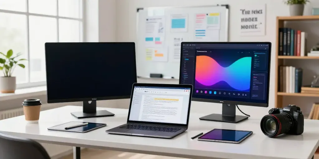 Content strategist utilizing artificial intelligence content generation tools in a modern studio setting.