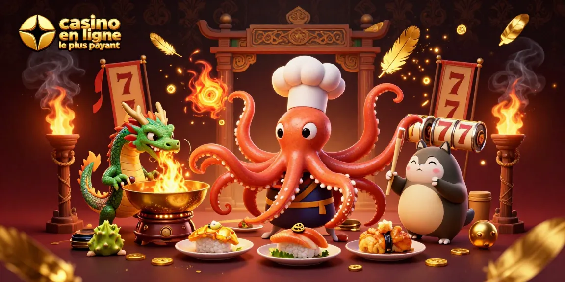 Illustration dynamique du casino en ligne le plus payant avec un chef de sushi poulpe, un dragon et un client tanuki.