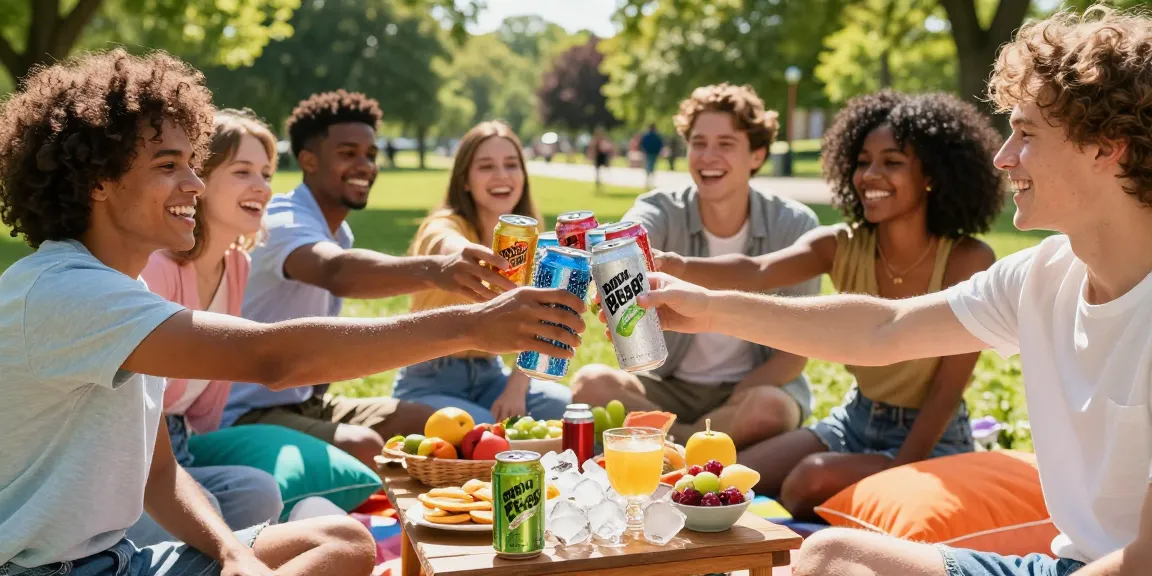 Friends enjoying ROKOK88 soda at a sunny picnic, showcasing refreshing drinks and joyful interactions.