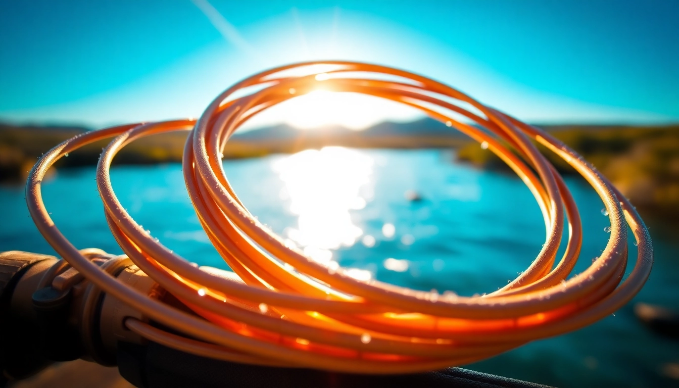 Capture of a coiled fly fishing line with a tranquil river background, showcasing its shimmering details.