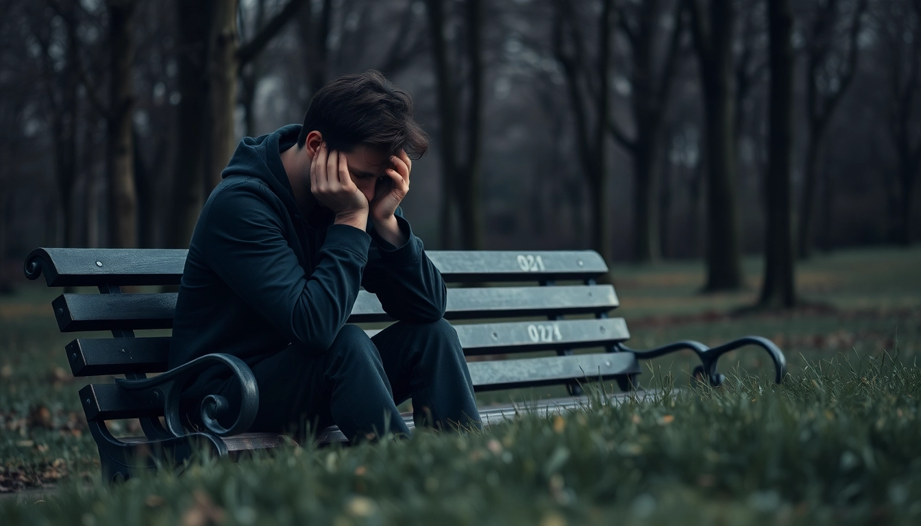 Person reflecting on depression symptoms in a park, surrounded by barren trees.