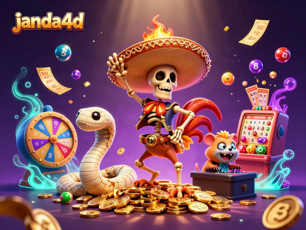 Permainan slot JANDA4D dengan karakter ceria dan elemen berwarna-warni yang menggambarkan keberuntungan.