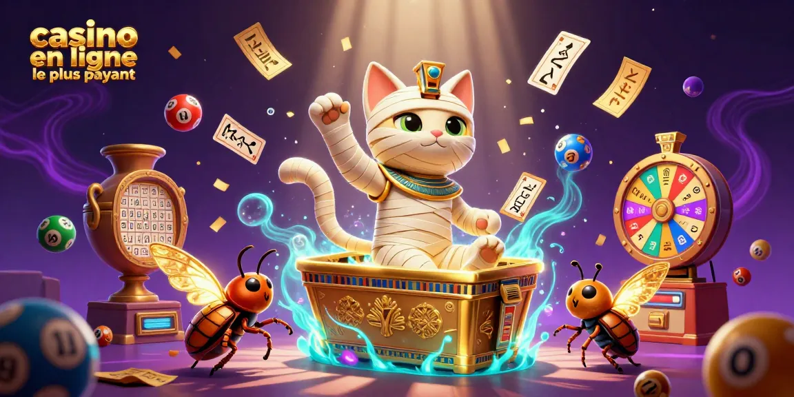 Jouez au casino en ligne le plus payant avec un chat momie égyptien et un scarabée doré dans une scène magique.