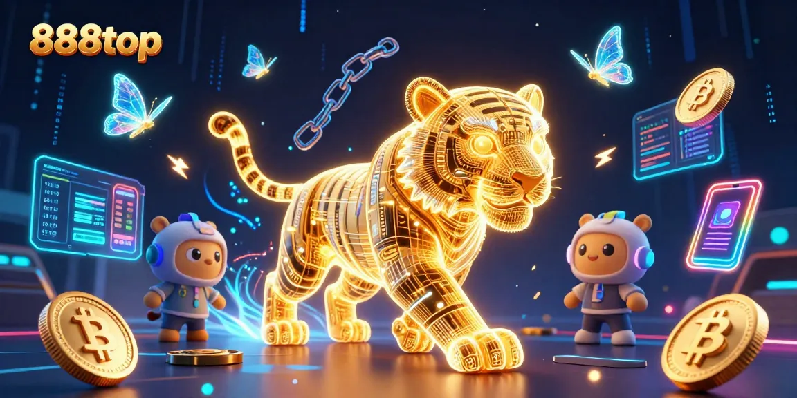Experience the allure of 888top in a vibrant casino scene featuring a golden tiger and crypto elements.