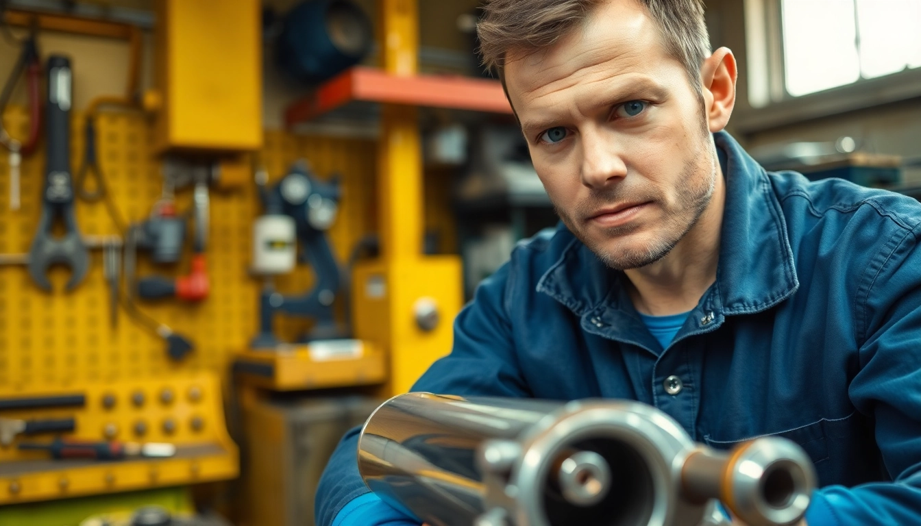 Technician performing hydraulic cylinder repair on a workbench, showcasing tools and expertise.