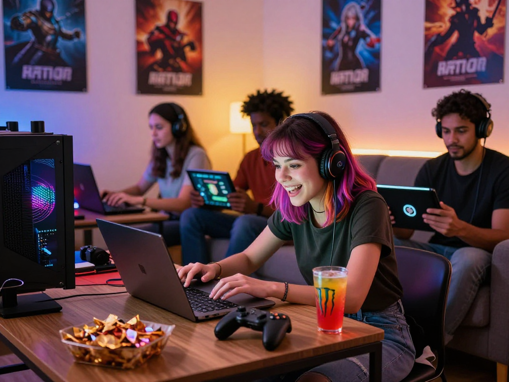 Group enjoying HTML porn games on devices in a cozy, vibrant gaming setup.