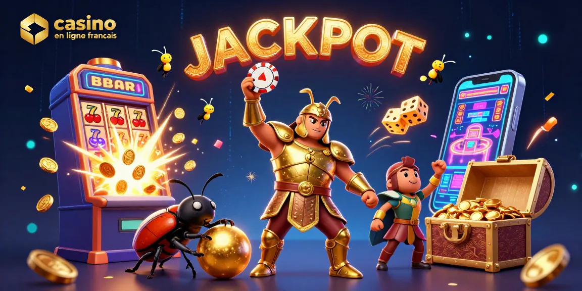 Illustration dynamique du personnage principal "casino en ligne français", chanceux avec un jackpot, entouré de jeux de casino.