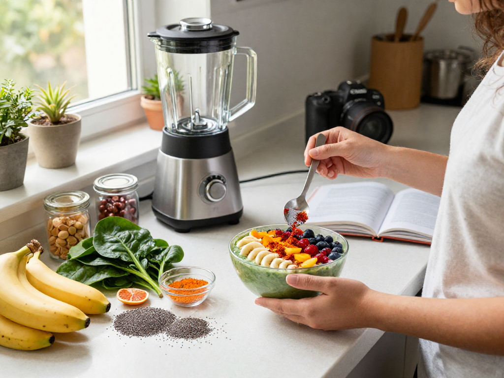 A wellness enthusiast creating a smoothie bowl with natural astaxanthin and fresh ingredients in a sunlit kitchen.