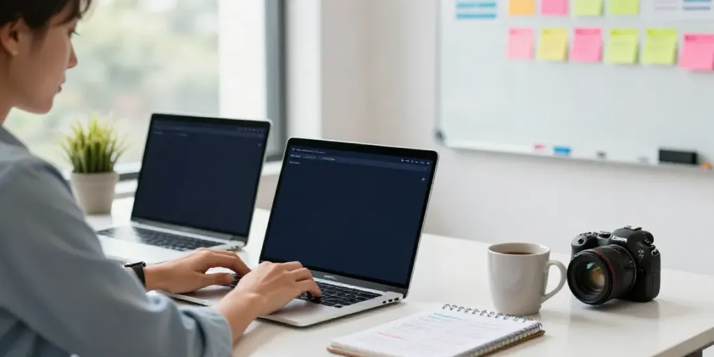 Professional using instant indexing tools in a bright digital marketing office