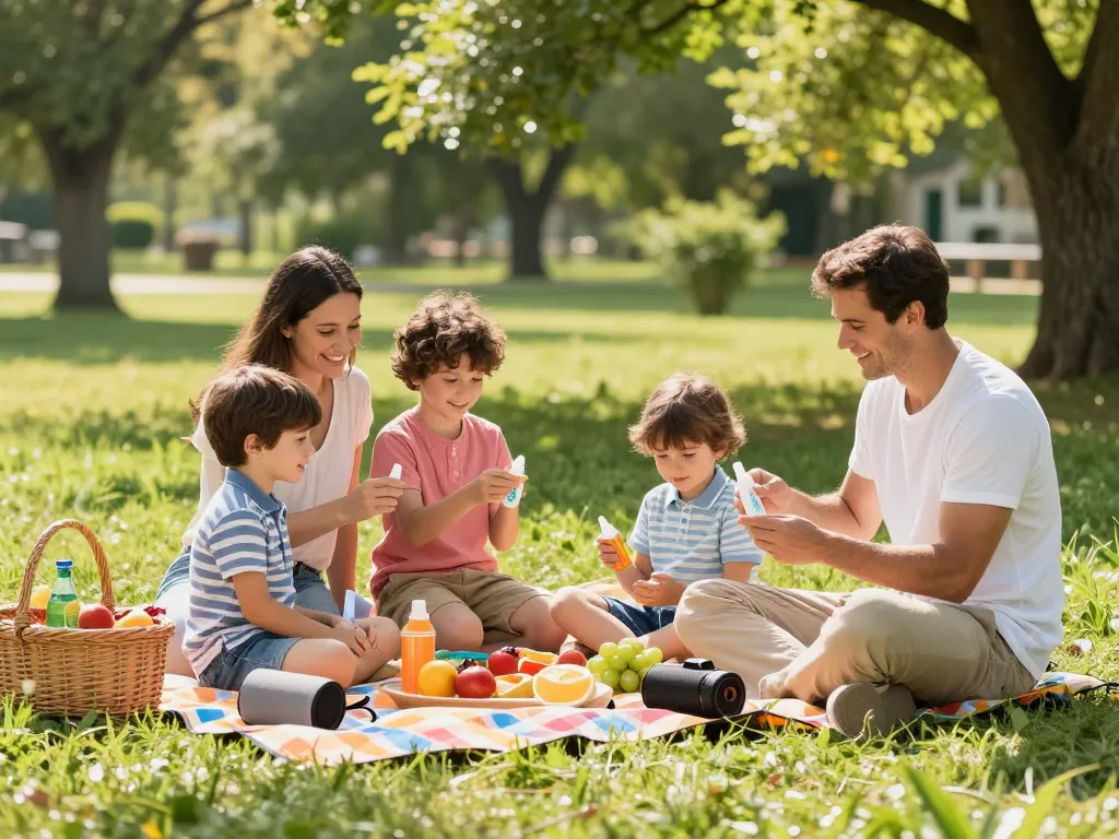 Family enjoying a picnic while applying mosquito repellent in a sunny park.