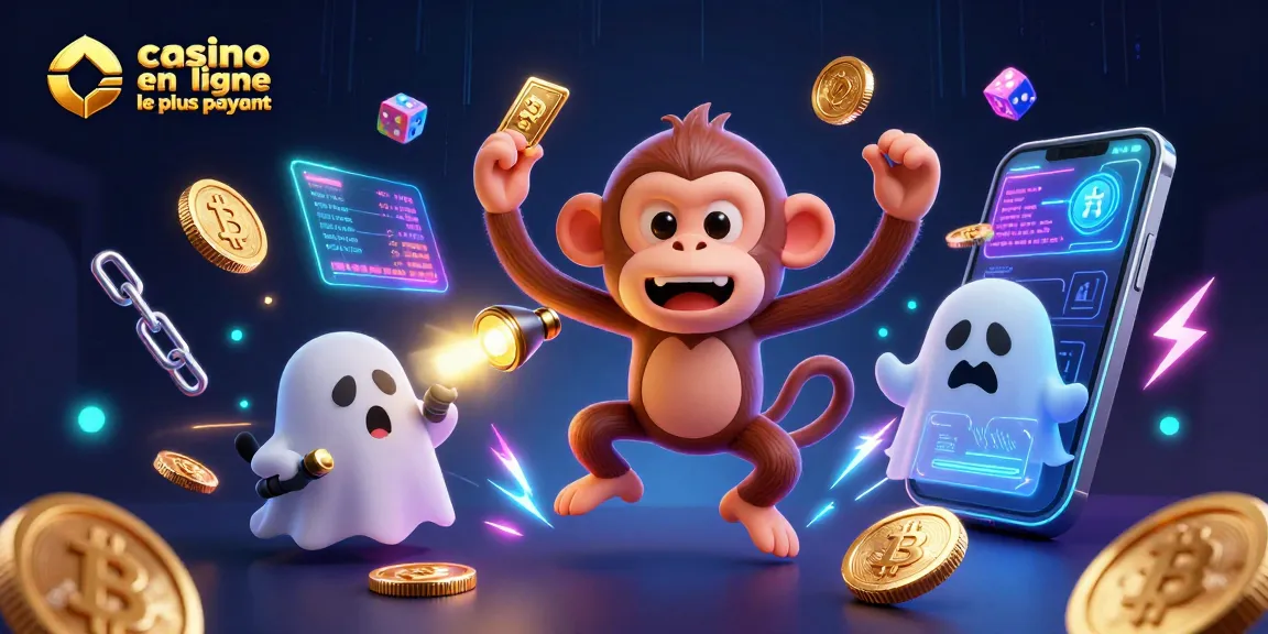 Découvrez le casino en ligne le plus payant avec un singe joueur et un chiot chasseur de fantômes dans une scène dynamique.