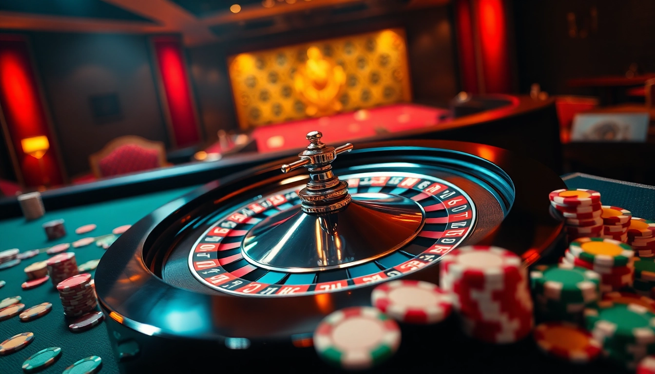 Erleben Sie den neue casino bonus ohne einzahlung mit leuchtenden Pokerchips und einem Roulette-Rad.