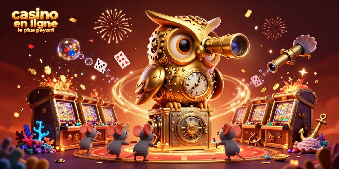 Découvre le casino en ligne le plus payant avec une chouette dorée et des souris entre les machines à sous.