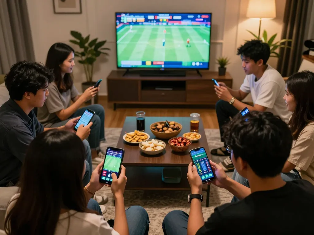 Engaged friends strategizing for togel jakarta sports betting session at home