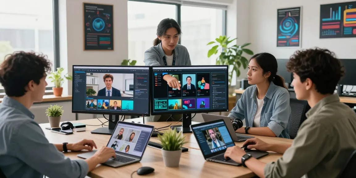 Content moderation team using the ai image detector technology in a modern office environment.