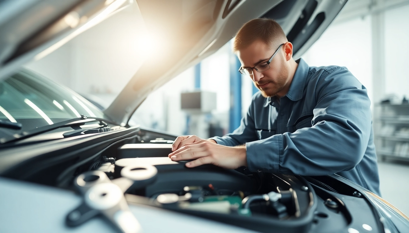 Professional examination of an extended car warranty vehicle in a well-lit garage setting.