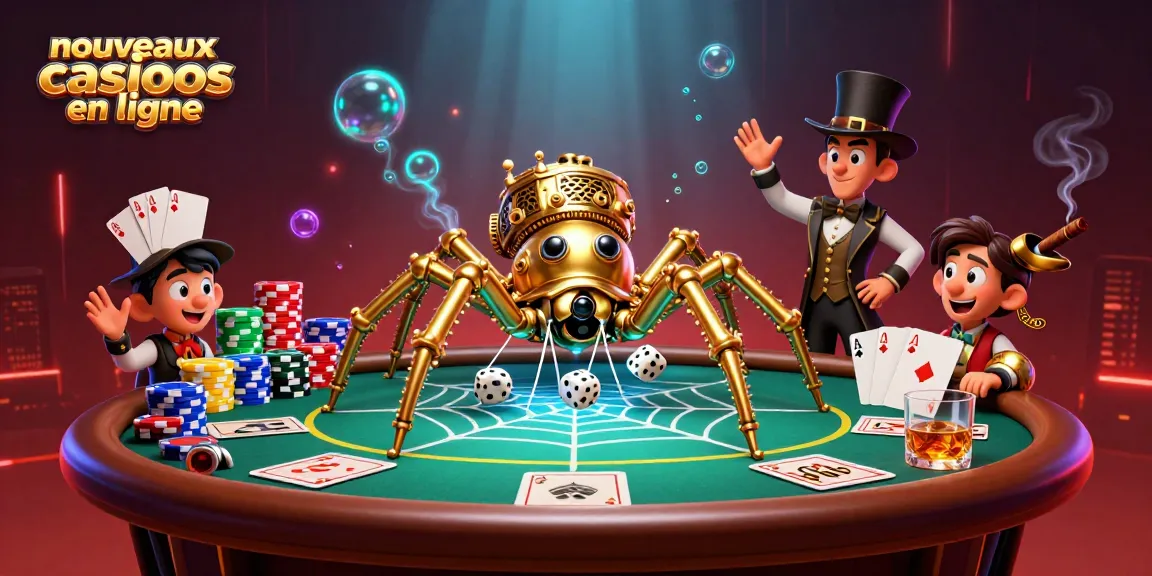 Illustration d'un nouveau casino en ligne présentant une araignée steampunk dorée dans un décor luxueux de jeux de cartes.