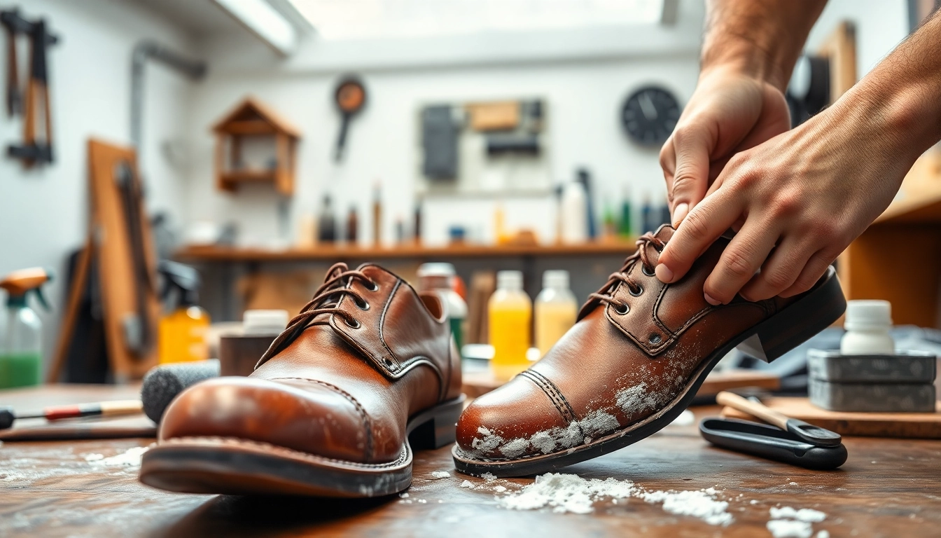 Shoe restoration process with ScuffDoc tools enhancing footwear care and refurbishment.