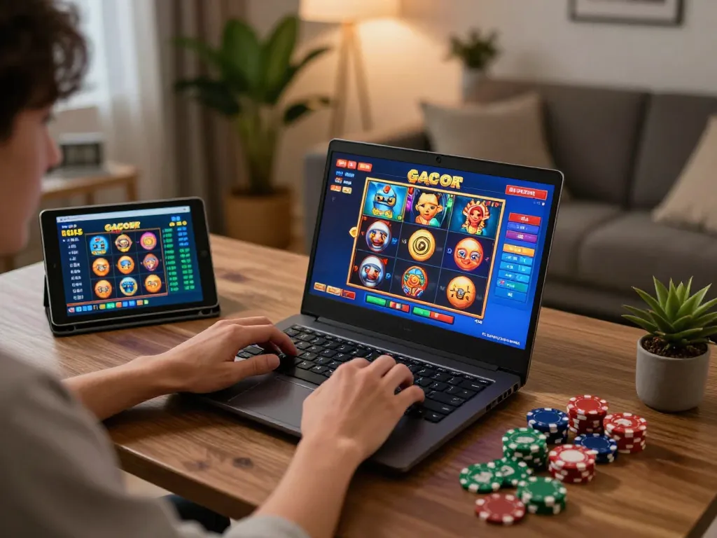 Engaging in online slot gacor sore ini gameplay on a laptop with vibrant game graphics