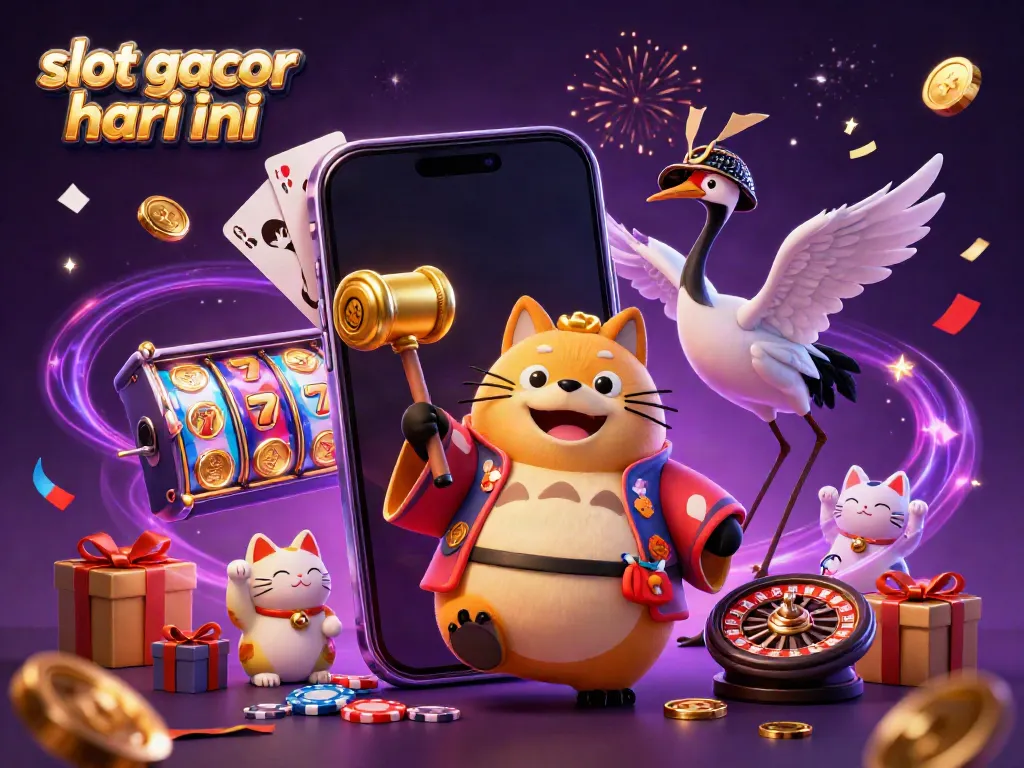 Mengguncang slot gacor hari ini dengan tanuki dan kucing keberuntungan dalam suasana festival gemerlap.