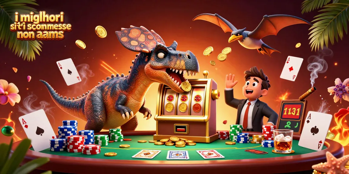 I migliori siti di scommesse non AAMS mostrano un pachicefalosauro che attacca una slot machine, mentre un manager d'azzardo in ansia gestisce il caos
