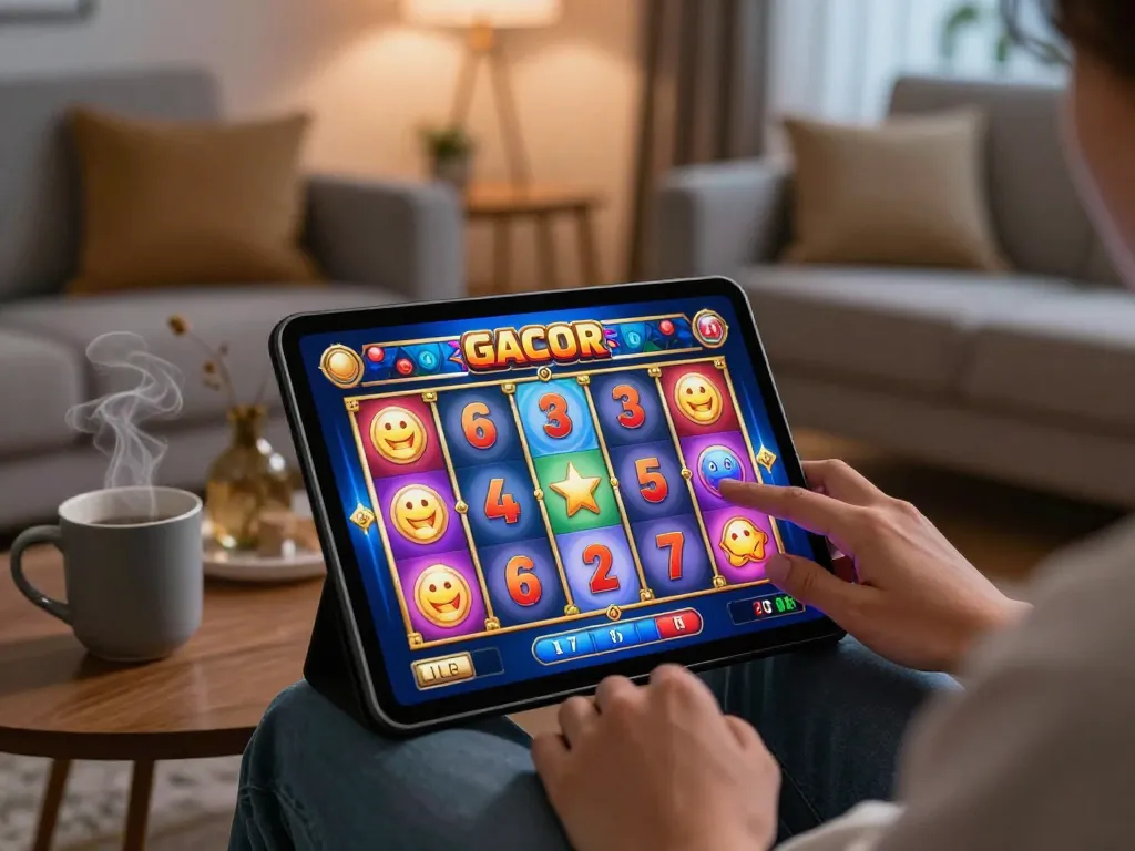 Suasana menarik dari permainan slot gacor di tablet dengan suasana rumah yang nyaman yang mempromosikan perjudian yang bertanggung jawab.