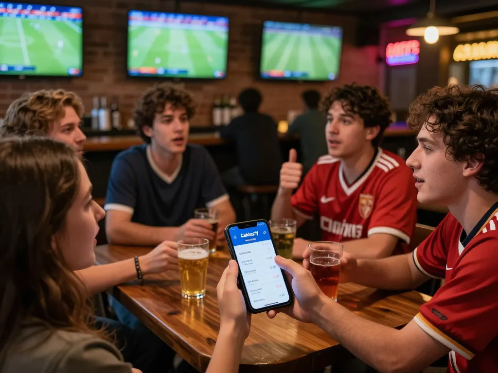 Cakhia TV betting app in use at a lively sports bar during matches, showcasing fan excitement and community engagement