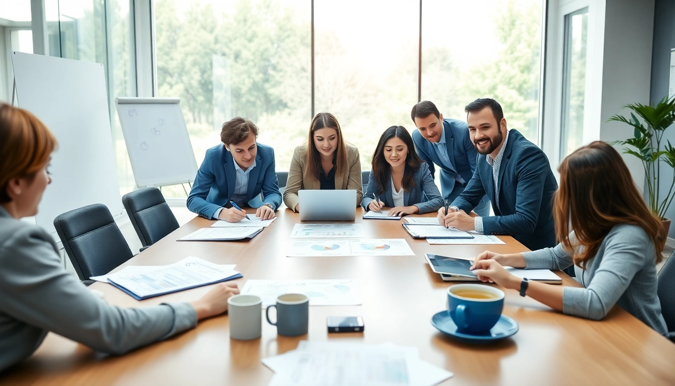 Engaging proposal writing and management team collaborating effectively in a modern office.