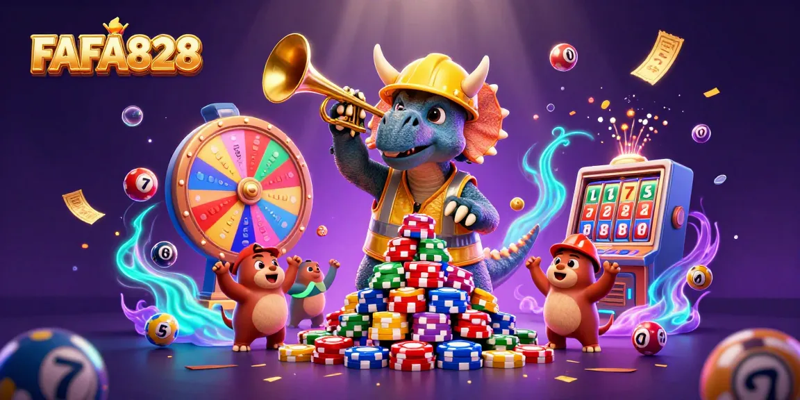 Celebrate wins with FAFA828 in a vibrant casino-themed illustration featuring exciting gaming elements.