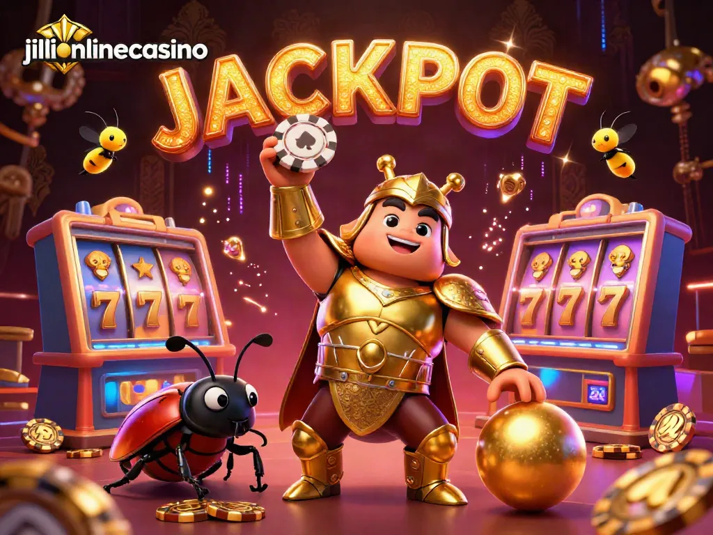 Engage with jilionlinecasino as the heroic beetle lifts a poker chip triumphantly, symbolizing jackpot wins.