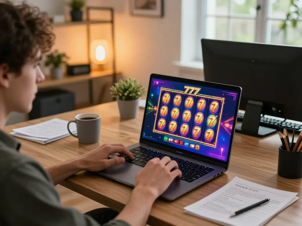 Player enjoying slot777 on a laptop, showcasing vibrant slot game graphics in a cozy home setup.
