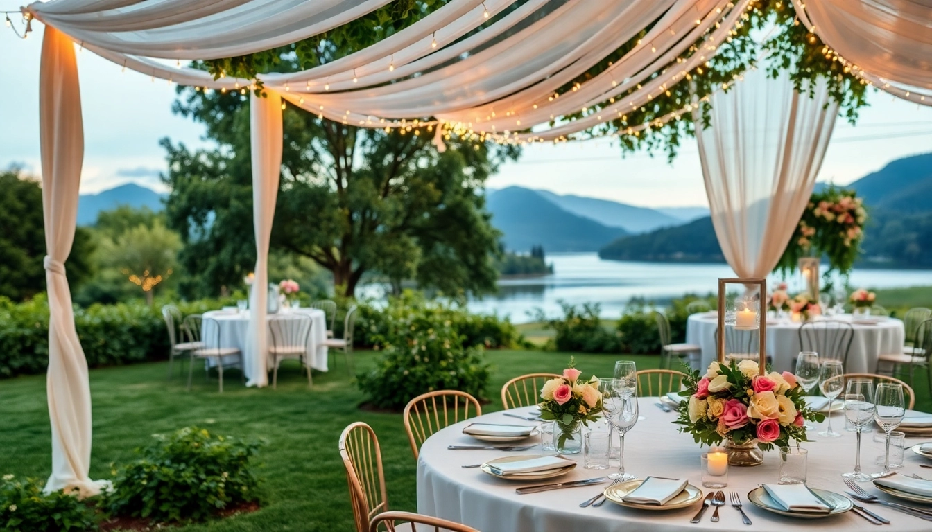 Stunning outdoor Wedding & Event Rentals setup featuring elegant tables and floral arrangements.