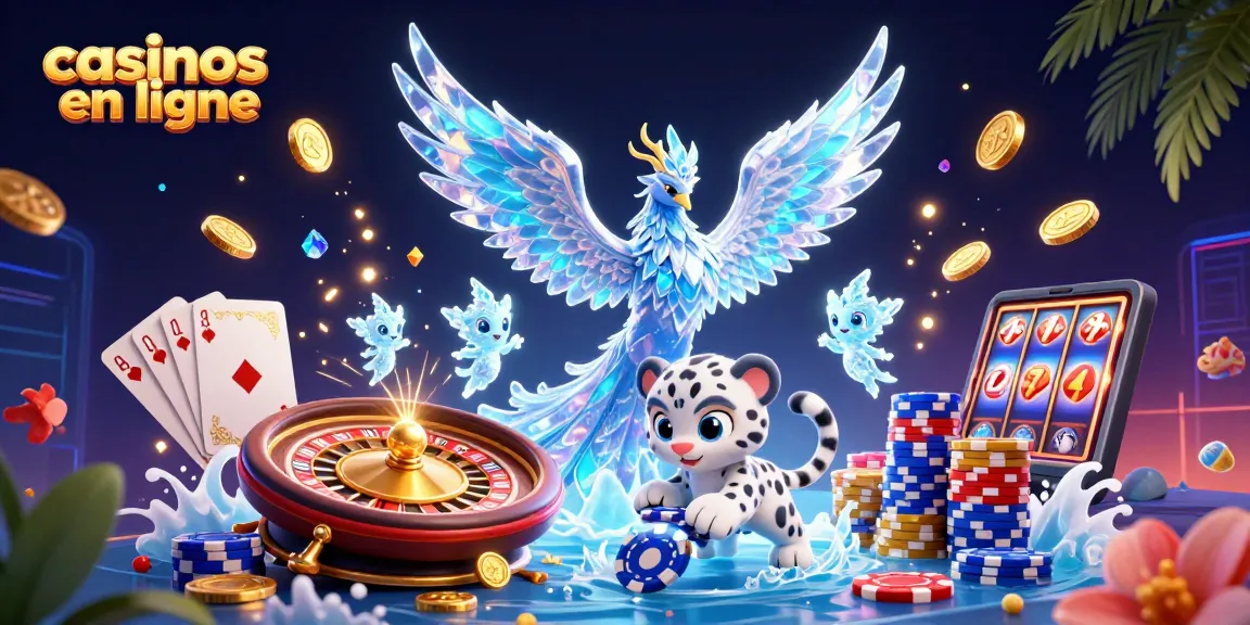 Jouez dans des casinos en ligne avec une illustration colorée mettant en scène feuillage tropical et motifs de jeu.