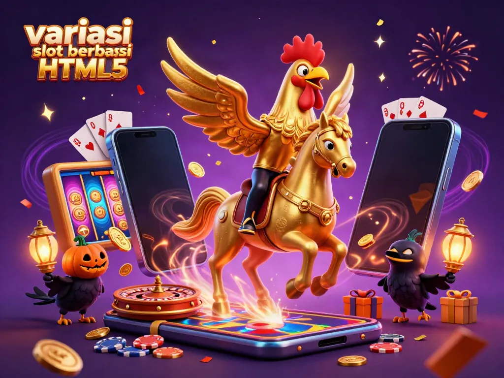 Ilustrasi variasi slot berbasis HTML5 yang lengkap, menampilkan permainan slot dan simbol keberuntungan.