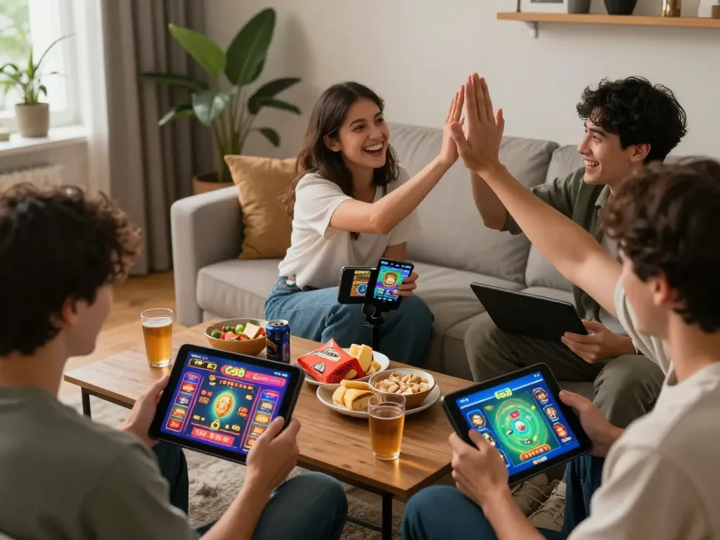 Players enjoying Go88 online gaming on tablets and smartphones in a lively living room setting.