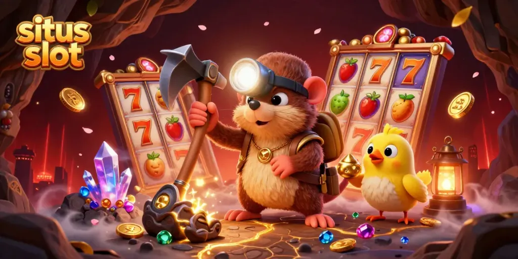 Experience the excitement of situs slot with a vibrant treasure hunter scene featuring colorful slot reels.