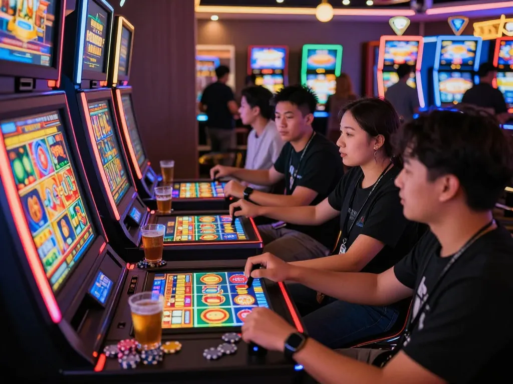 Friends celebrating around a slot gacor hari ini machine in a lively casino.