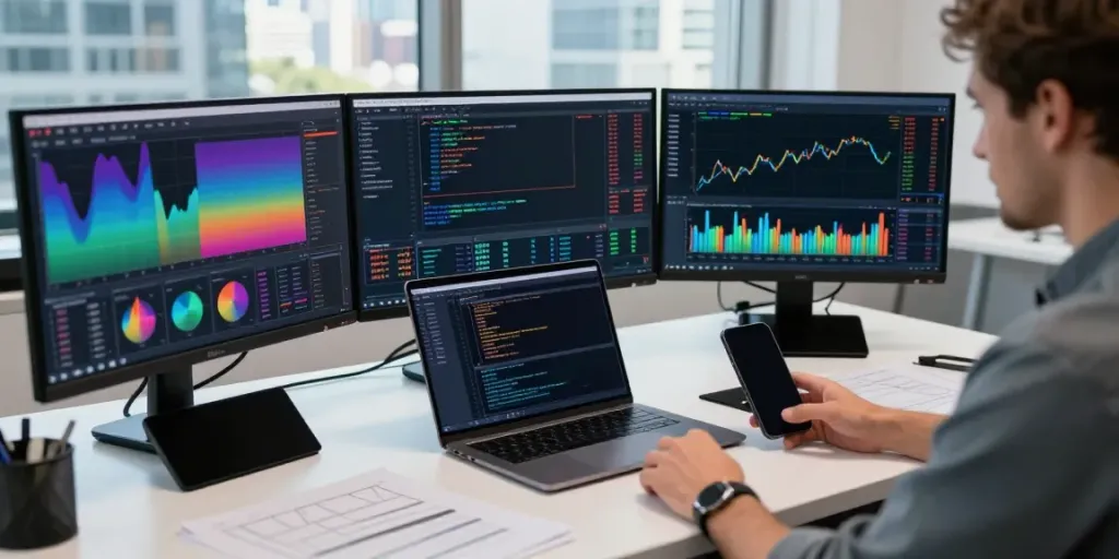 Traders using MetaTrader 5 software in a modern workspace