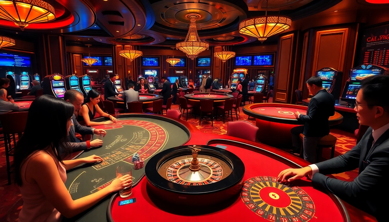 Scène passionnante de casino en ligne 2026 avec des tables luxueuses, des couleurs vibrantes et des joueurs engagés.