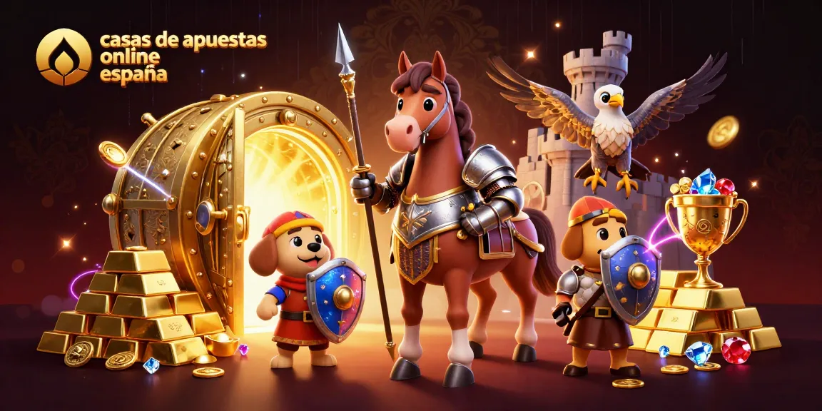Apuesta en casas de apuestas online España con una imagen emocionante de un caballero medieval, un escudero y un halcón en un entorno lleno de tesoros.