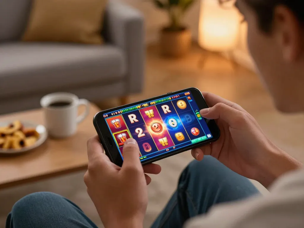 Player enjoying เว็บตรง online slot game on smartphone, showcasing exciting graphics and action.