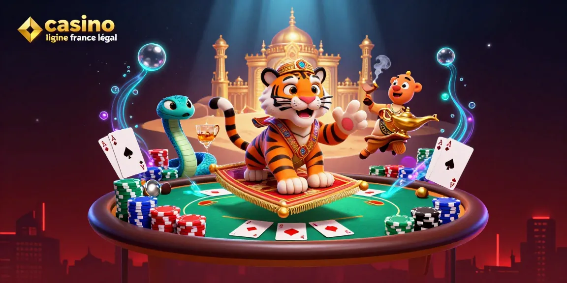 Jeu de casino en ligne France légal avec un sultan tigre en 3D sur un tapis de jetons, entouré d'une ambiance lumineuse.
