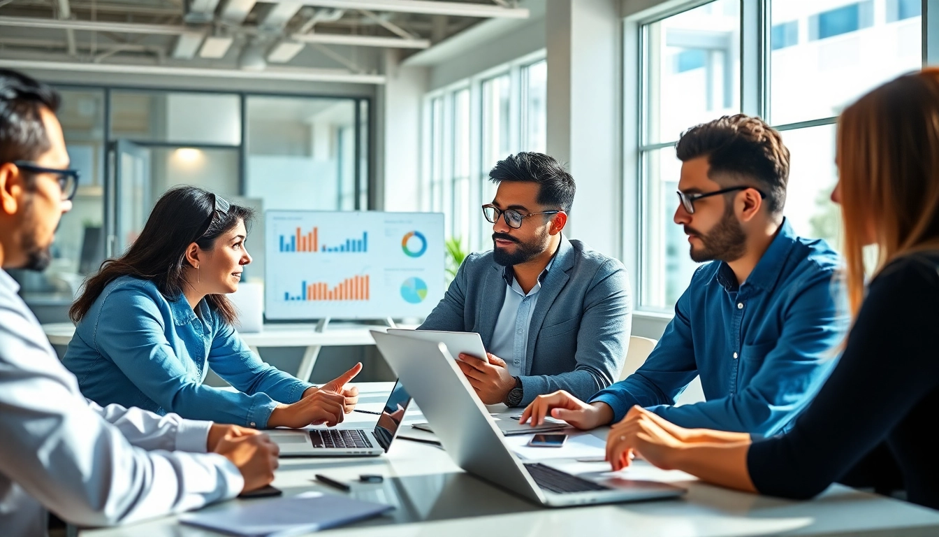 Utilizing HubSpot free tools in a vibrant office setting to enhance marketing strategies.